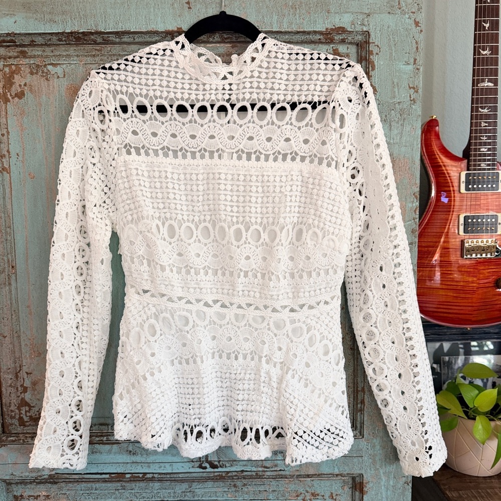 Crochet Overlay Peplum Blouse Long Sleeve White Boutique Feminine Romantic Chic